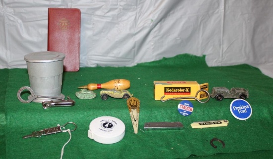 FORD POLITICAL PIN, 1953 MARQUETTE DAIRY, COLLAPSIBLE TIN CUP, AND OTHER ADV. ITEMS