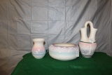 3 PIECES OF NATIVE AMERICAN SIGNED POTTERY, BRIDE VESSEL, BOWL, VASE, $ X 3