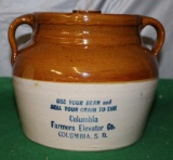 RED WING BEAN POT, COLUMBIA FARMERS ELEVATOR CO. COLUMBIA S.D., CHIP ON LID