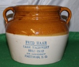 RED WING BEAN POT, FRED HAAR FARM MACHINERY, 1882-1932 50TH ANNIVERSARY, FREEMAN, S. DAK.,