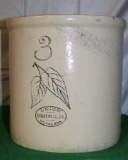 3 GAL. RED WING UNION STONEWARE, BIRCH LEAF CROCK, GLAZE POP, SMALL CHIP ON RIM