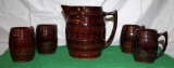 RED WING SMALL BARREL PITCHER AND (4) SMALL BARREL MUGS, SMALL CHIP ON PITCHER RIM