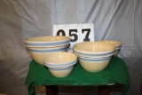 (4) YELLOW WARE MIXING BOWLS, BLUE AND WHITE STRIPES, 9