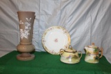 3 PIECES NIPPON CHINA AND BRISTOL VASE