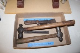 2 BALL-PEEN HAMMERS & CHISEL FROM GREAT NORTHERN RW, WRENCH FROM CHICAGO RHODE ISLAND & PACIFIC RW