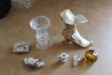 GLASS VASE, ANTIQUE BOOT WITH CHIP, (2) SMALL COIN PURSES, AND MORE