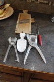 SMALL KRAUT CUTTER, HUNT'S LOCKER, GARY, SD. MEASURING CUP, RED HANDLED FORK,