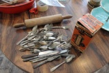 VINTAGE ROLLING PIN, FLATWARE, AND COOKIE PRESS