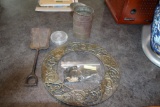 OUTER RING OF METAL FLOOR REGISTER, 1 QT. METAL MEASURING CUP, METAL TOY SAND SHOVEL, AND METAL