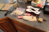 VINTAGE DOUBLE EDGE ICE SKATES, MISSING STRAPS, SMALL DOLLS, AND MORE