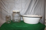 ENAMEL WASH PAN, COFFEE JAR, AND TEA JAR WITH LID (NOT SHOWN)