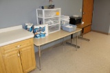 5' TABLE, SMALL TABLE, EMERSON MICROWAVE, POLY DRAWER SHELF, PAPER TOWELS AND MORE