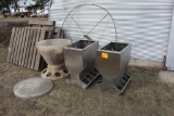 (2) STAINLESS STEEL DOUBLE SIDE PIG FEEDERS, (1) POLY PIG WATERER