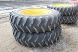 (2) Firestone 18.4R46 Tractor Tires on JD Yellow Inside Rear