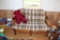 WOOD LOVE SEAT WITH PLAID CUSHIONS, TEDDY BEAR