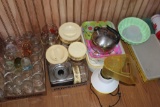 GLASS MEASURING CUPS, CANISTER SET, METAL SERVING TRAYS, TEA POT, AIR POPCORN POPPER