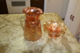 CARNIVAL GLASS WATER PITCHER, CARNIVAL GLASS CANDY DISH