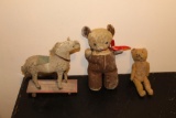 2 ANTIQUE STUFFED BEARS, ANTIQUE PULL TOY