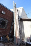 2 APPROX 28' FIBERGLASS EXTENSION LADDERS AND APPROX 30' ALUMINUM STEP LADDER (OLDER)
