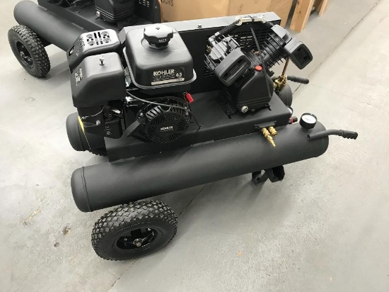 AMP DOUBLE BARREL AIR COMPRESSOR, 8 GALLON TWIN TANKS, KOHLER 3000 SERIES 6.5 HP GAS ENGINE