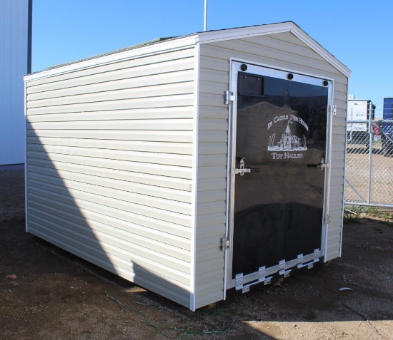 NEW 8' X 12' STORAGE SHED, VINYL SIDING, APPROX 66" RAMP DOOR