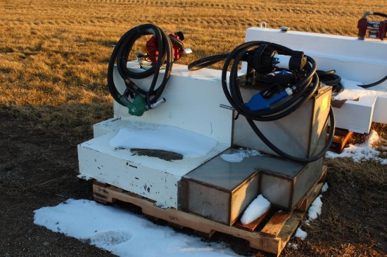 APPROX 70 GALLON L SHAPE PICKUP FUEL TANK, WITH 15 GPM 12 VOLT FILL RITE PUMP,