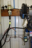 GRACO AIR OPERATED OIL PUMP WITH METER, HOSE REEL, USED FOR ENGINE OIL, NEW BUYER MUST REMOVE
