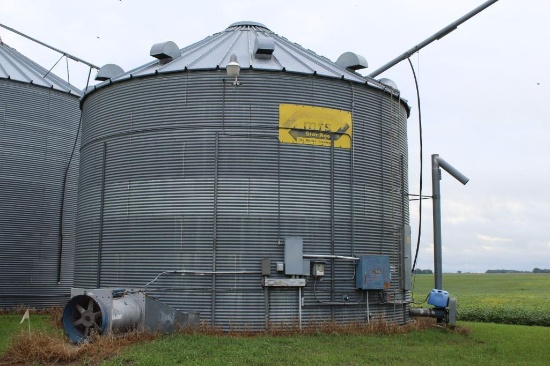 MFS 30' GRAIN BIN, APPROX 8000 BU, SHIVVERS SINGLE AUGER, SHIVVERS MOISTURE MONITOR, 8" SUMP,