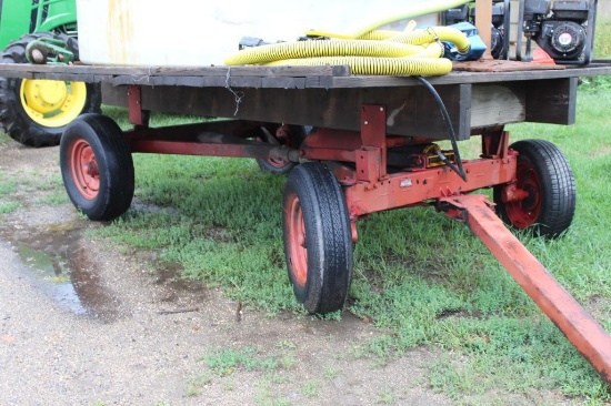 FLAT RACK, 8'X10', WOOD DECK, HOIST, ON 4 WHEEL GEAR