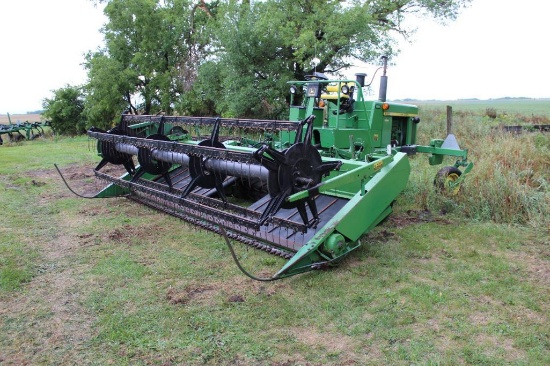 JOHN DEERE 2320 SP SWATHER, 15' HUME REEL, CHRYSLER SLANT SIX GAS ENGINE, 747 HOURS