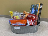 Just for Fun Basket- Tin Bucket filled with yahtzee, Dice Cup, Farkel, Connect 4, RealTree 1000