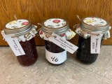 3 jars total: of Strawberry Rhubarb, triple berry, blueberry jellies Donated by Kathryn Knight
