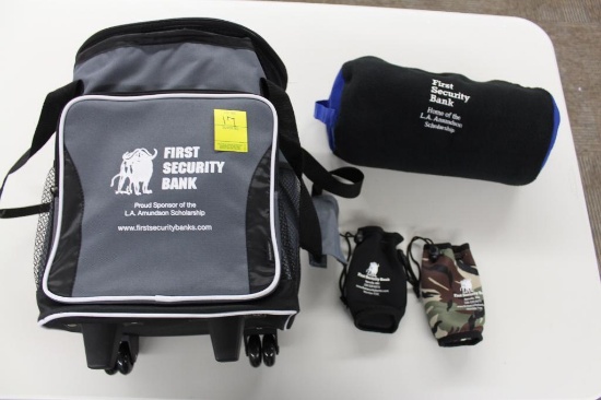 Blanket, insulated rolling cooler, bottle coolies, Donated by First Security Bank, Renville Location