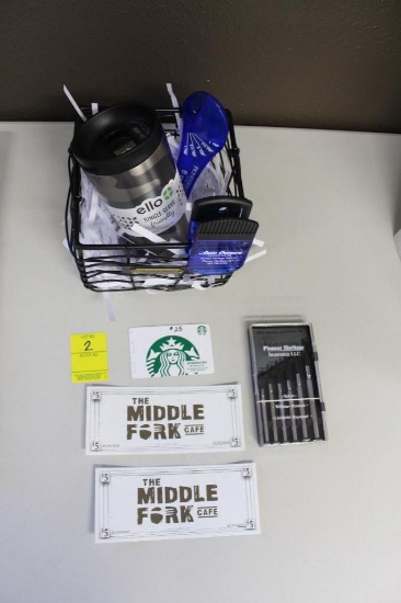 (2) $5 Middle Fork Cafe Gift Certificates, Starbucks $25 gift card, Mini screwdriver set, magnet,
