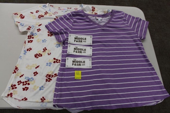 Flower print shirt, Size XL, Purple striped shirt, Size 2XL, Donated by Gena Amsdem, and (3) Middle