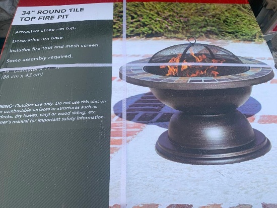 34" Round Tile Top Fire Pit, with Fire Tool, Mesh Screen, new in box, 20 oz. Insulated Stainless