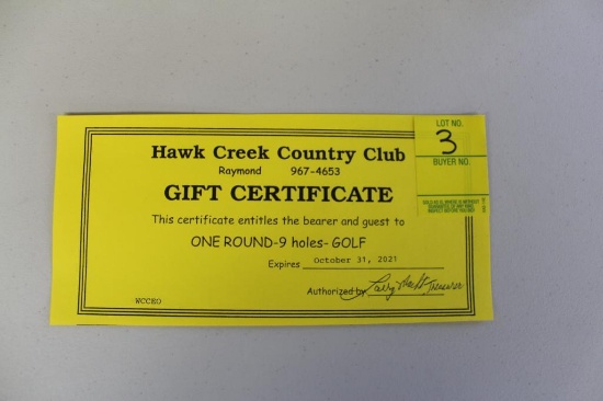 Hawk Creek Country Club, One Round of golf, 9 holes, for 2 people, expires 10/31/21