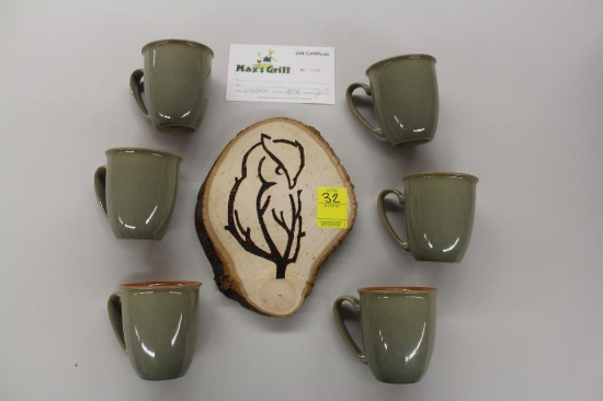 Owl wood carving, and (6) coffee cup set, Donated by WCCEO student Elizabeth Thompson, and $25 Max's