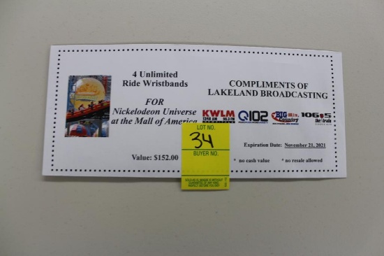 (4) Unlimited Ride wristbands for Nickelodeon Universe at the Mall of America, Donated by Lakeland