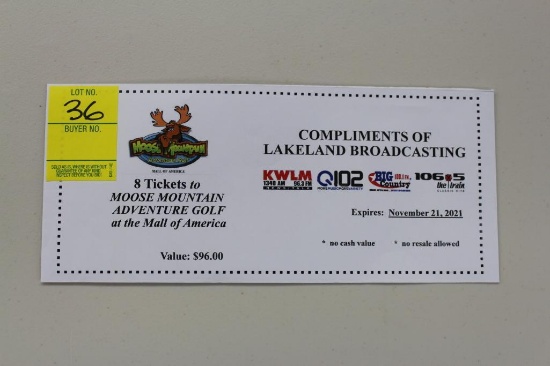 (8) Moose Mountain Adventure Golf tickets at the Mall of America, Donated by Lakeland Broadcasting