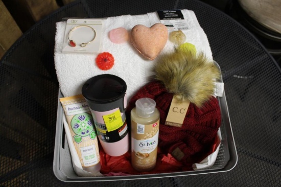 (5) Homemade soap set, (2) white cotton bath towel, Contigo 16 ounce pink spill proof travel mug,