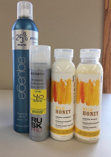 Puremix repairing shampoo and conditioner, Ruskpre dry shampoo, and Aquage finishing spray, Donated