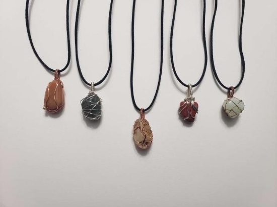 (5) 22" Necklaces, wire wrapped rock pendants, Handcrafted by WCCEO Student Leylia Moua, Leylia's