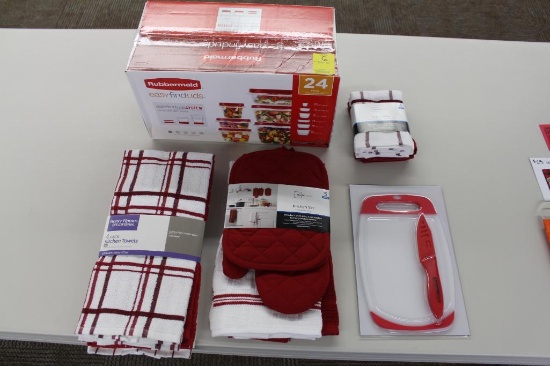 24 piece Rubbermaid container set, kitchen towel, dish towel, and potholder set, Donated by WalMart,