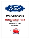 Free oil change by Nolan Baker Ford, donated by Nolan Baker Ford, Kerkhoven