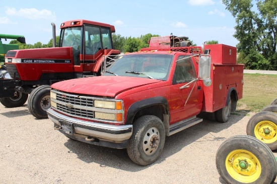 ***1993 CHEVY 3500 SERVICE TRUCK, 4X4, DUALLY, 5 SPD MANUAL TRANS, 454 ENGINE, ALUM WHEELS,
