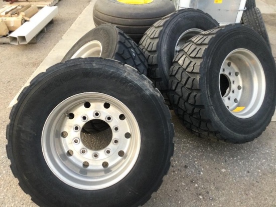 (4) Wide Base Super Single 445/50R22.5 Michelin Tires on Alcoa 10 Bolt Hub Pilot Rims