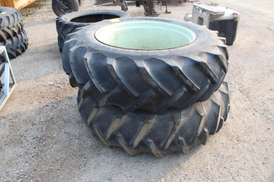 (2) 16.9-34 TIRES ON M&W 9 BOLT RIMS, ONE MONEY FOR THE PAIR