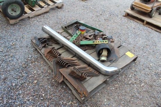 PALLET OF DIGGER SHOVELS, CHAIN HOIST, POWER SHAFT