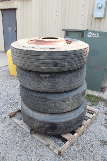 (4) LO PRO 22.5 TIRES, ON STEEL HUB PILOT RIMS, ONE MONEY FOR ALL